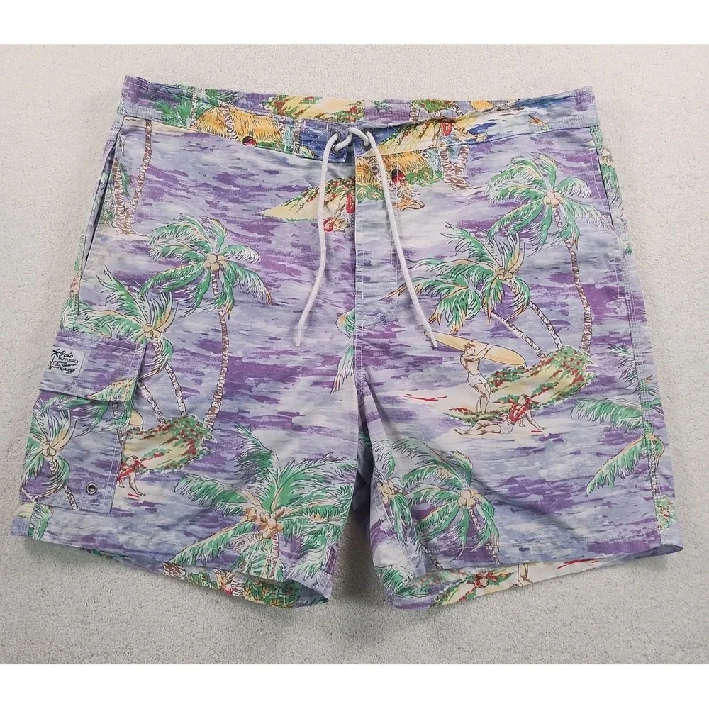 VTG POLO Ralph Lauren Swim Trunks Men's XL Cotton Blend Hawaiian Surf Beach EUC